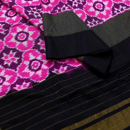 Indian Vintage Black & Magenta Dupatta Long Stole Hand woven Ikat Patola Hijab Pure Silk Scarves Veil Fringes