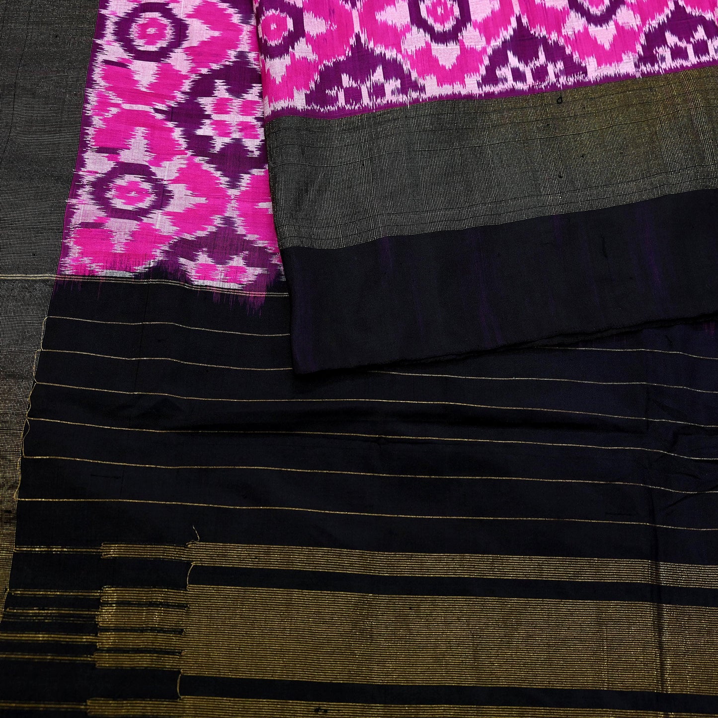 Indian Vintage Black & Magenta Dupatta Long Stole Hand woven Ikat Patola Hijab Pure Silk Scarves Veil Fringes