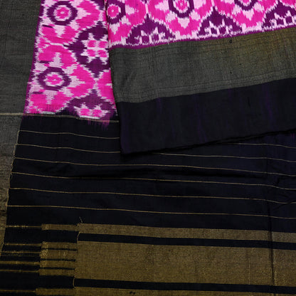 Indian Vintage Black & Magenta Dupatta Long Stole Hand woven Ikat Patola Hijab Pure Silk Scarves Veil Fringes