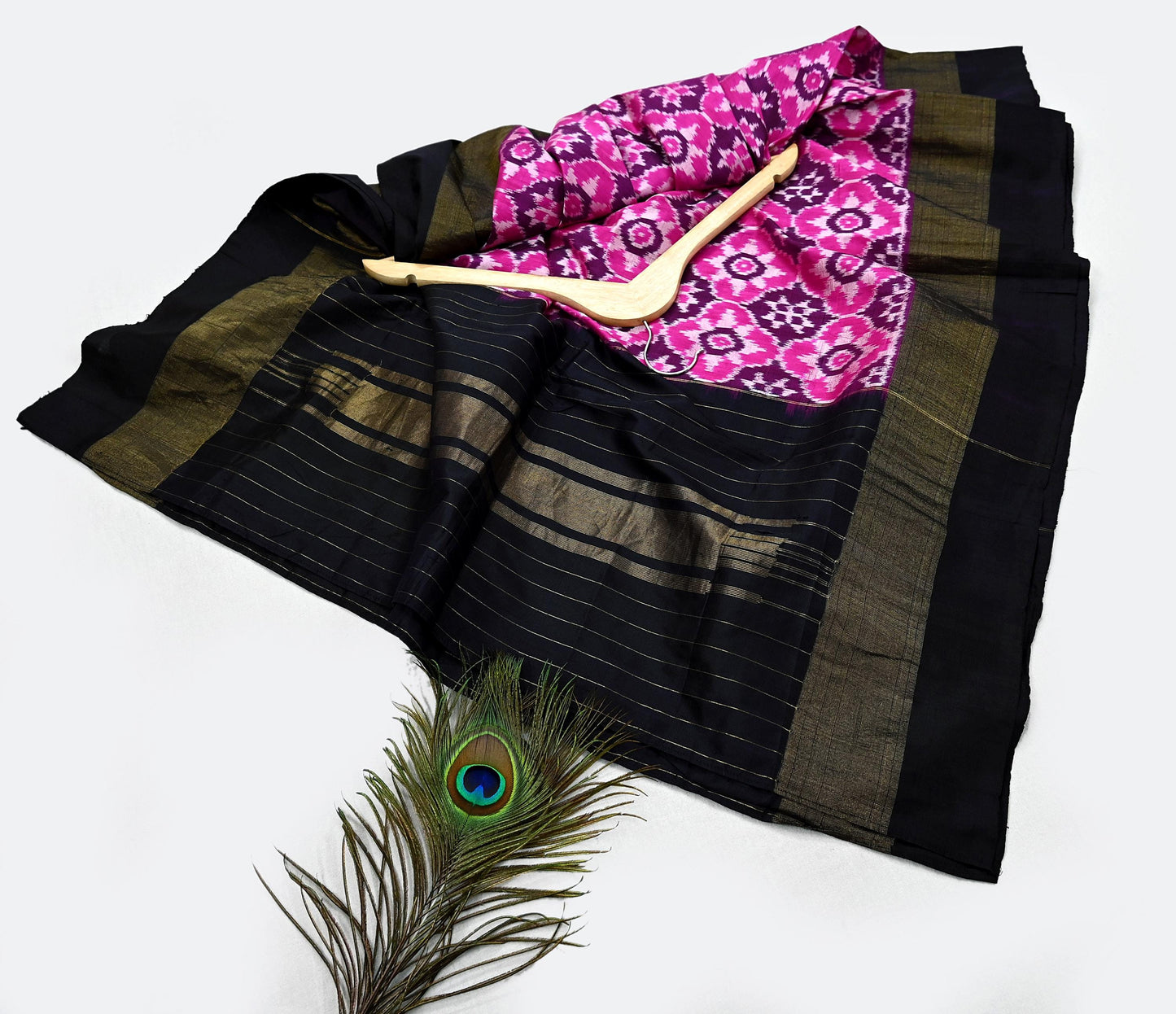 Indian Vintage Black & Magenta Dupatta Long Stole Hand woven Ikat Patola Hijab Pure Silk Scarves Veil Fringes