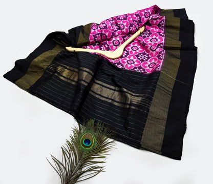 Indian Vintage Black & Magenta Dupatta Long Stole Hand woven Ikat Patola Hijab Pure Silk Scarves Veil Fringes