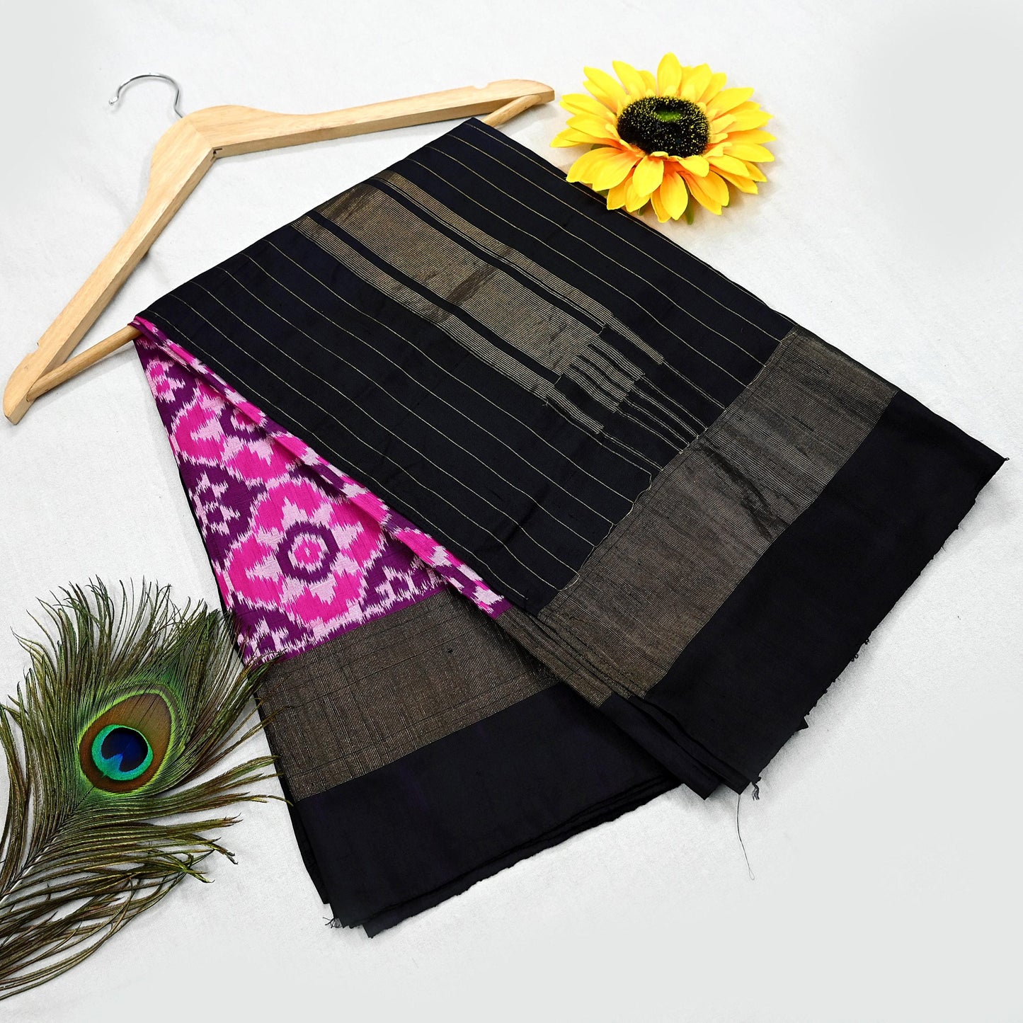 Indian Vintage Black & Magenta Dupatta Long Stole Hand woven Ikat Patola Hijab Pure Silk Scarves Veil Fringes