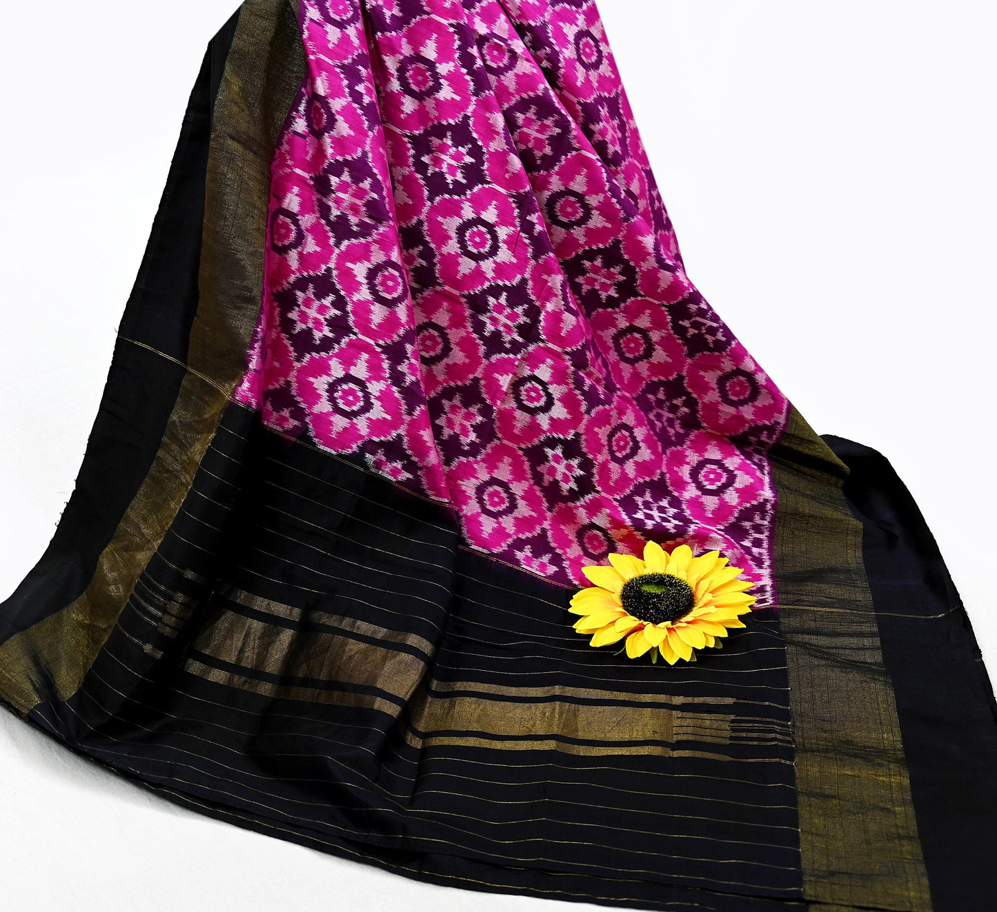Indian Vintage Black & Magenta Dupatta Long Stole Hand woven Ikat Patola Hijab Pure Silk Scarves Veil Fringes