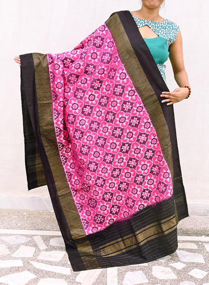 Indian Vintage Black & Magenta Dupatta Long Stole Hand woven Ikat Patola Hijab Pure Silk Scarves Veil Fringes