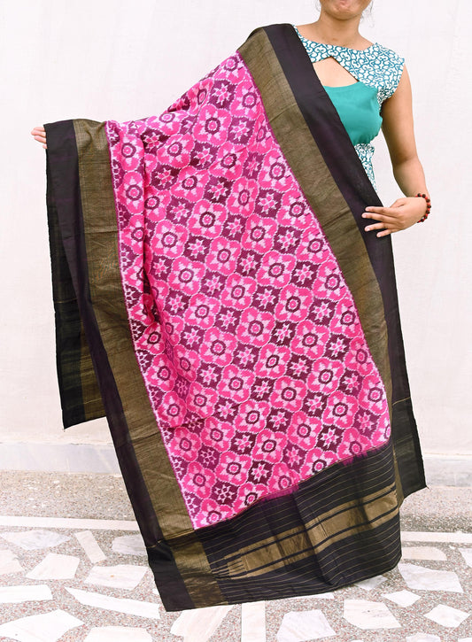 Indian Vintage Black & Magenta Dupatta Long Stole Hand woven Ikat Patola Hijab Pure Silk Scarves Veil Fringes