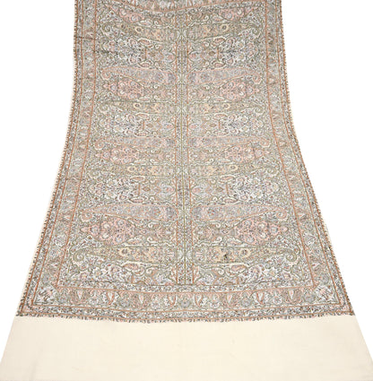 Indian Vintage Ivory Pure Woolen Shawl Handmade Woven Work Long Throw Stole Warm Abstract Design Soft