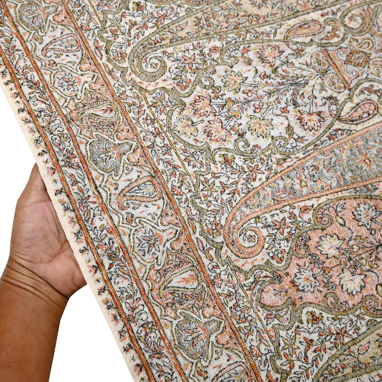 Indian Vintage Ivory Pure Woolen Shawl Handmade Woven Work Long Throw Stole Warm Abstract Design Soft