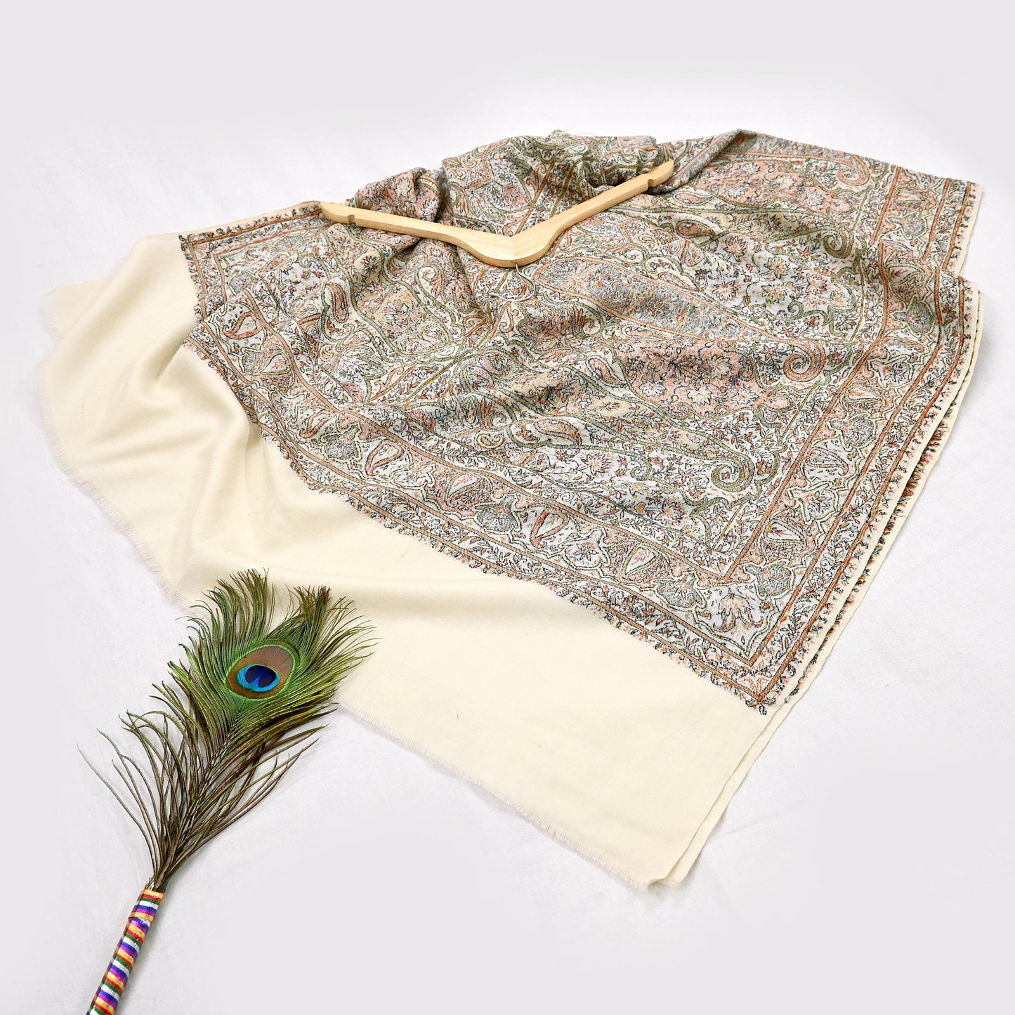 Indian Vintage Ivory Pure Woolen Shawl Handmade Woven Work Long Throw Stole Warm Abstract Design Soft