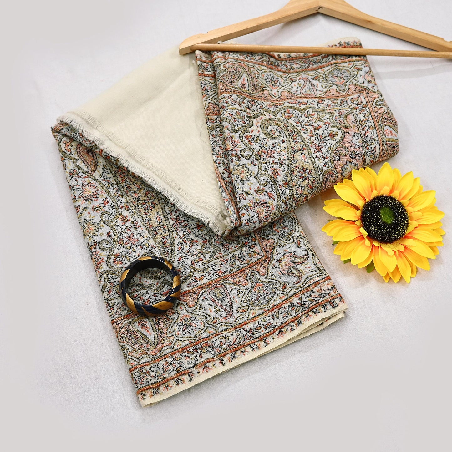 Indian Vintage Ivory Pure Woolen Shawl Handmade Woven Work Long Throw Stole Warm Abstract Design Soft