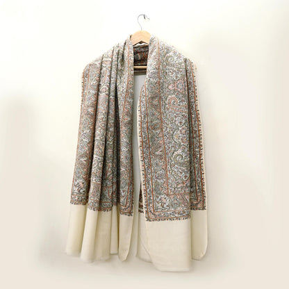 Indian Vintage Ivory Pure Woolen Shawl Handmade Woven Work Long Throw Stole Warm Abstract Design Soft