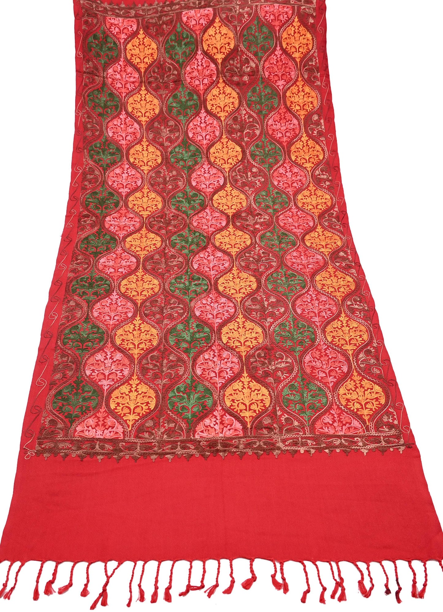 Vintage Stole Red Viscose Handmade Ari work Long Throw Warm Stole Floral Design Fringes