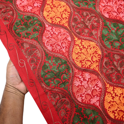 Vintage Stole Red Viscose Handmade Ari work Long Throw Warm Stole Floral Design Fringes