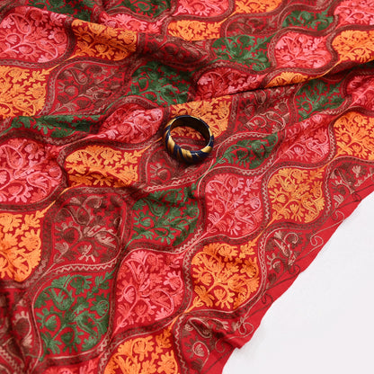 Vintage Stole Red Viscose Handmade Ari work Long Throw Warm Stole Floral Design Fringes