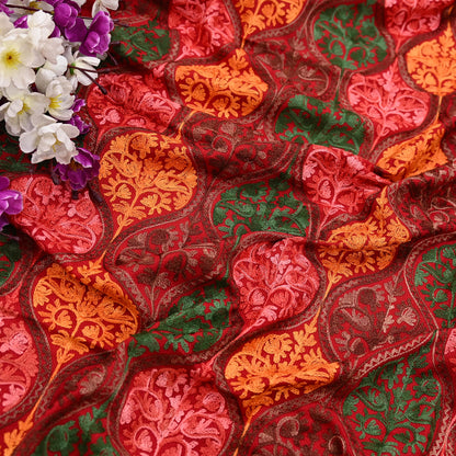 Vintage Stole Red Viscose Handmade Ari work Long Throw Warm Stole Floral Design Fringes