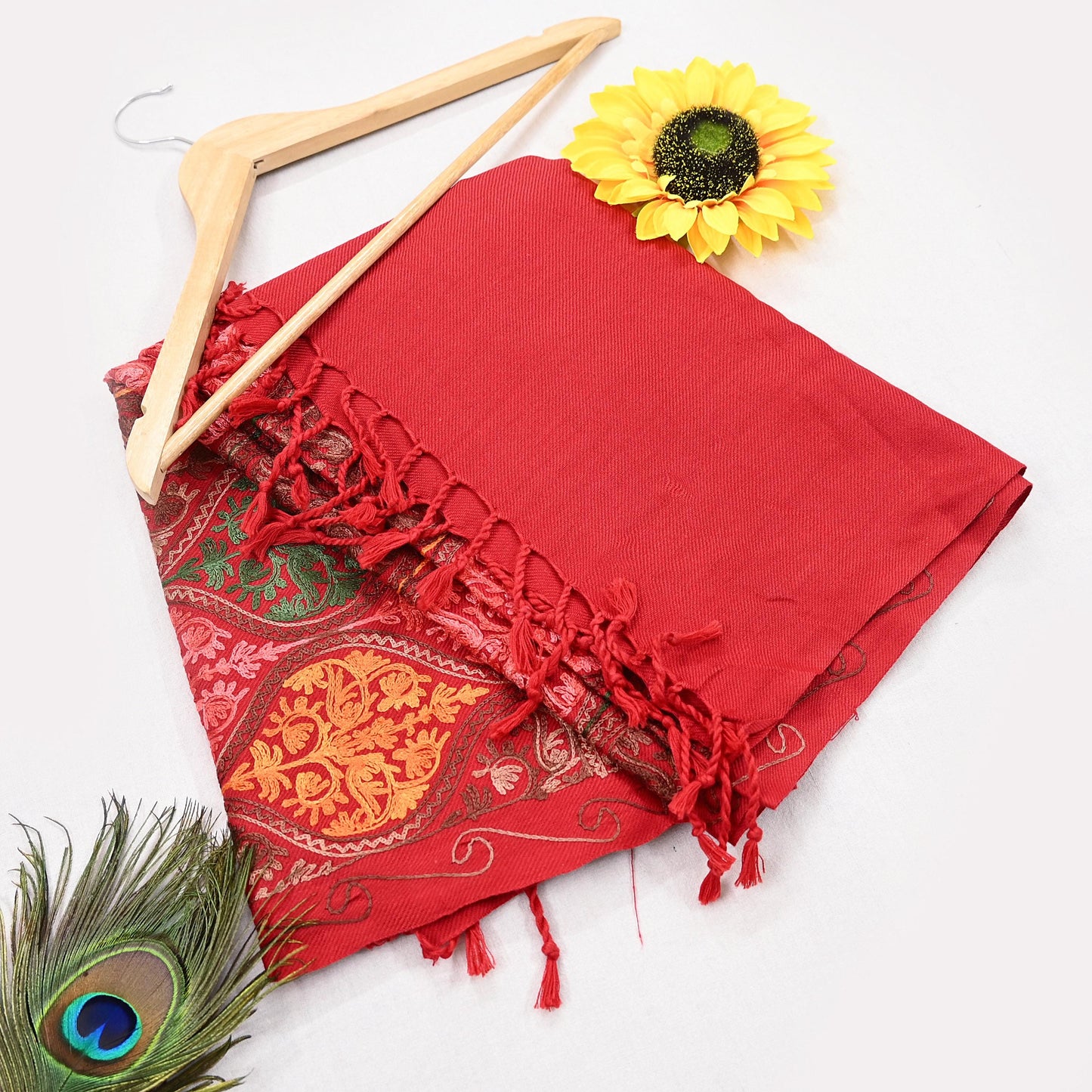 Vintage Stole Red Viscose Handmade Ari work Long Throw Warm Stole Floral Design Fringes