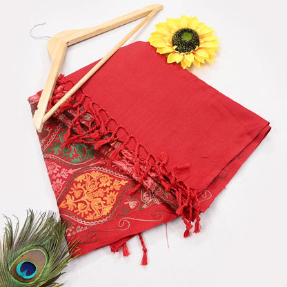 Vintage Stole Red Viscose Handmade Ari work Long Throw Warm Stole Floral Design Fringes
