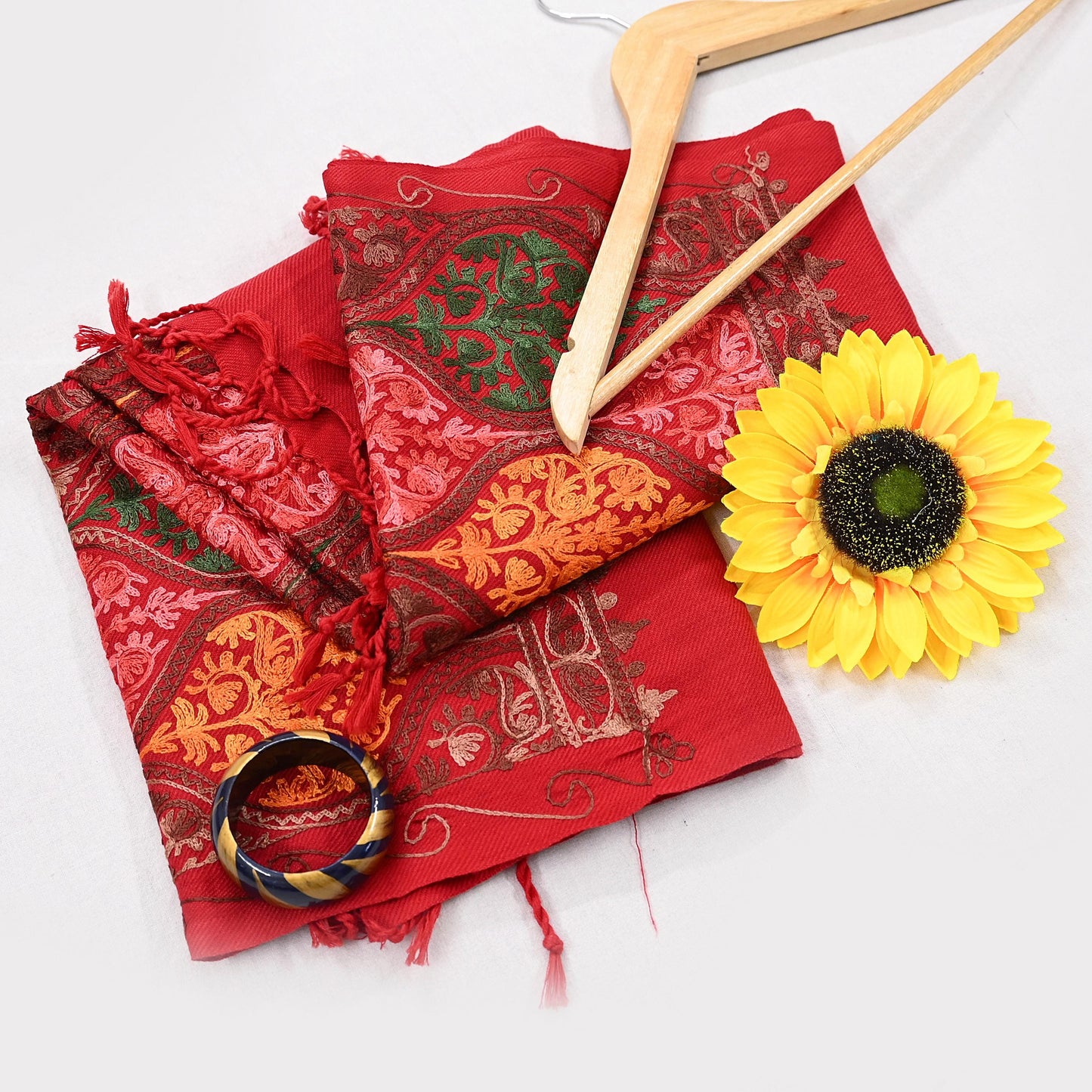 Vintage Stole Red Viscose Handmade Ari work Long Throw Warm Stole Floral Design Fringes