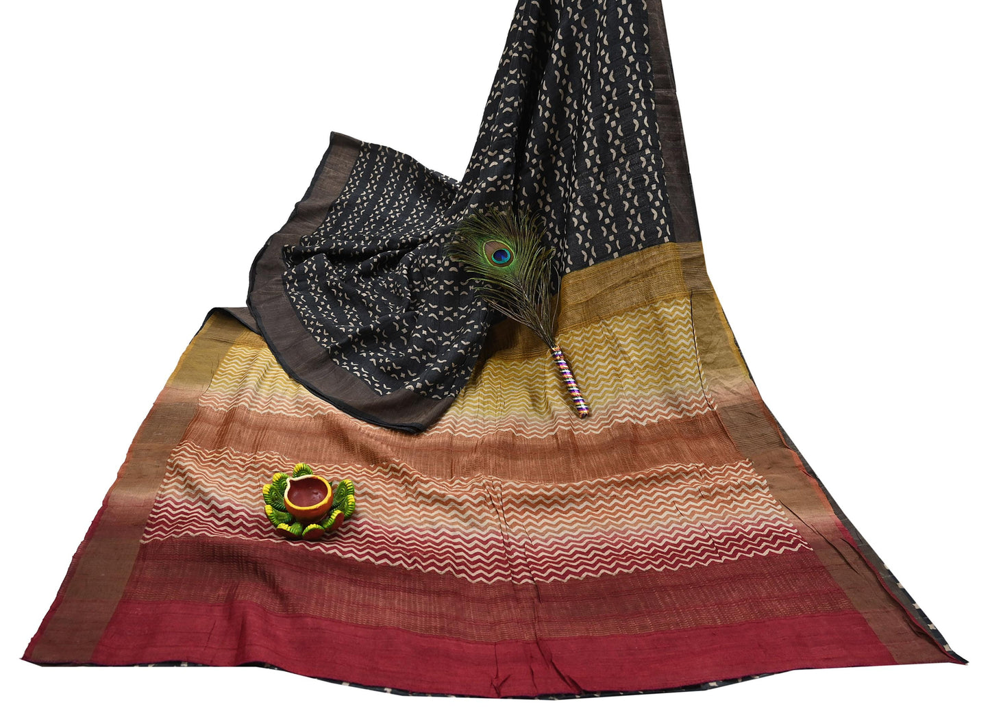 Indian Vintage Heavy Sari Maroon & Black Pure Khadi Silk Handloom Saree Craft Fabric 5yd Ethnic Wear Dress making For Crafting Quilting