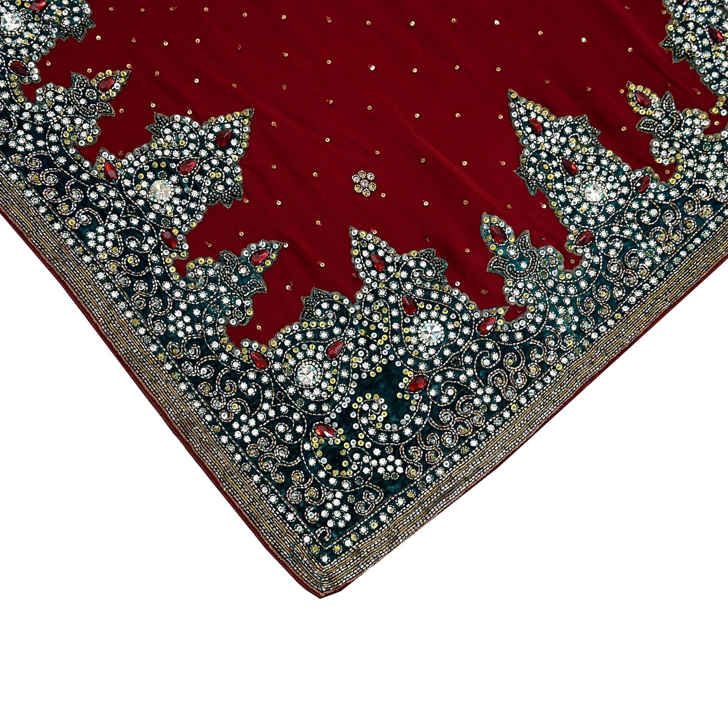 Indian Vintage Sari Maroon Pure Georgette Silk Hand Embroidered Sarees Craft Fabric 6Yd Sewing Soft Ethnic Glass Beaded Wedding Sarees