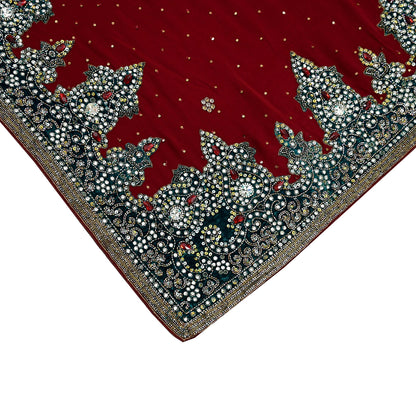 Indian Vintage Sari Maroon Pure Georgette Silk Hand Embroidered Sarees Craft Fabric 6Yd Sewing Soft Ethnic Glass Beaded Wedding Sarees