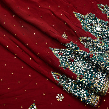 Indian Vintage Sari Maroon Pure Georgette Silk Hand Embroidered Sarees Craft Fabric 6Yd Sewing Soft Ethnic Glass Beaded Wedding Sarees