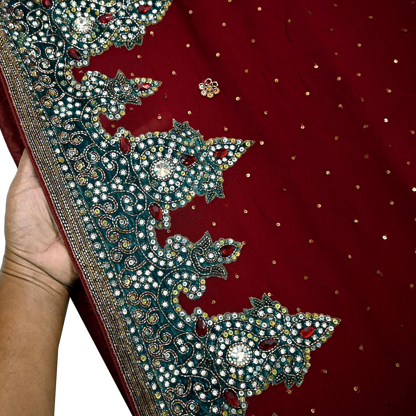 Indian Vintage Sari Maroon Pure Georgette Silk Hand Embroidered Sarees Craft Fabric 6Yd Sewing Soft Ethnic Glass Beaded Wedding Sarees