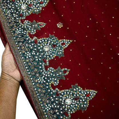 Indian Vintage Sari Maroon Pure Georgette Silk Hand Embroidered Sarees Craft Fabric 6Yd Sewing Soft Ethnic Glass Beaded Wedding Sarees