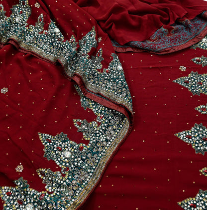 Indian Vintage Sari Maroon Pure Georgette Silk Hand Embroidered Sarees Craft Fabric 6Yd Sewing Soft Ethnic Glass Beaded Wedding Sarees