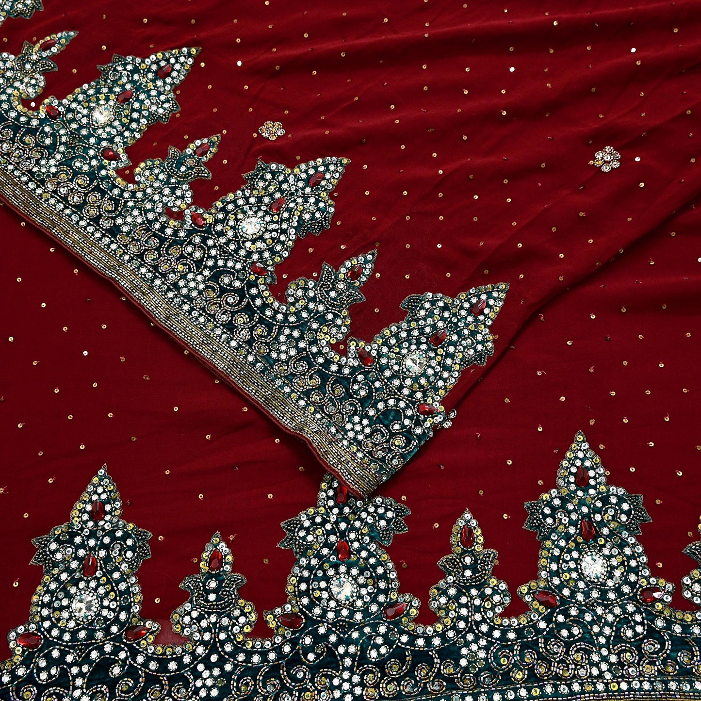 Indian Vintage Sari Maroon Pure Georgette Silk Hand Embroidered Sarees Craft Fabric 6Yd Sewing Soft Ethnic Glass Beaded Wedding Sarees