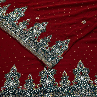 Indian Vintage Sari Maroon Pure Georgette Silk Hand Embroidered Sarees Craft Fabric 6Yd Sewing Soft Ethnic Glass Beaded Wedding Sarees