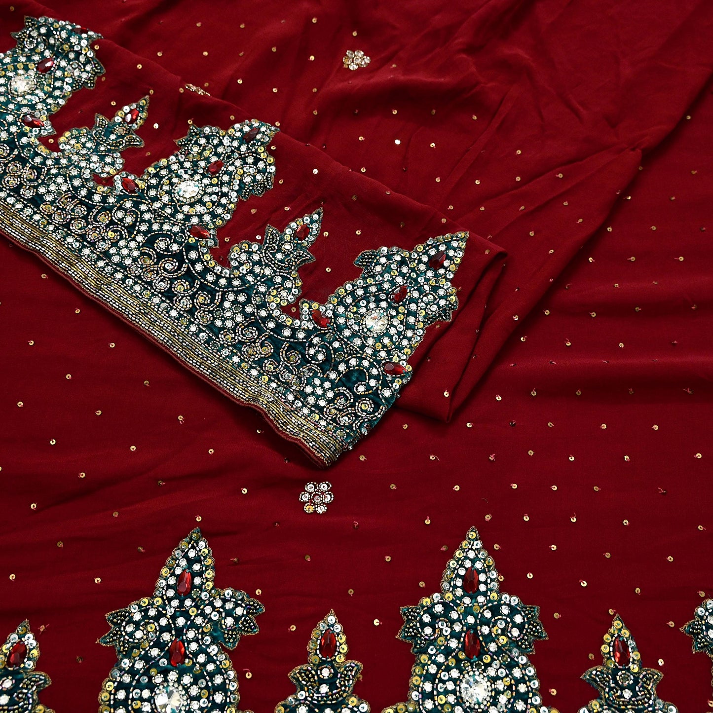 Indian Vintage Sari Maroon Pure Georgette Silk Hand Embroidered Sarees Craft Fabric 6Yd Sewing Soft Ethnic Glass Beaded Wedding Sarees