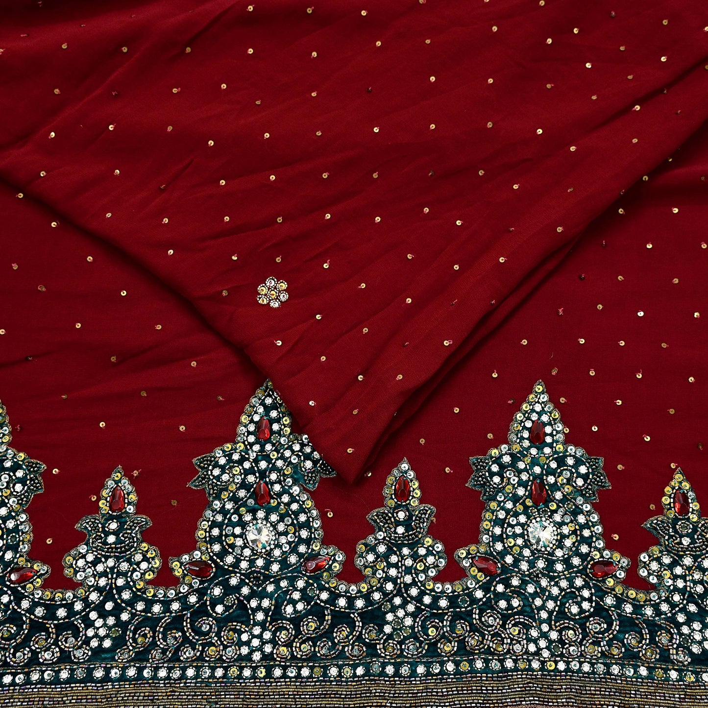 Indian Vintage Sari Maroon Pure Georgette Silk Hand Embroidered Sarees Craft Fabric 6Yd Sewing Soft Ethnic Glass Beaded Wedding Sarees