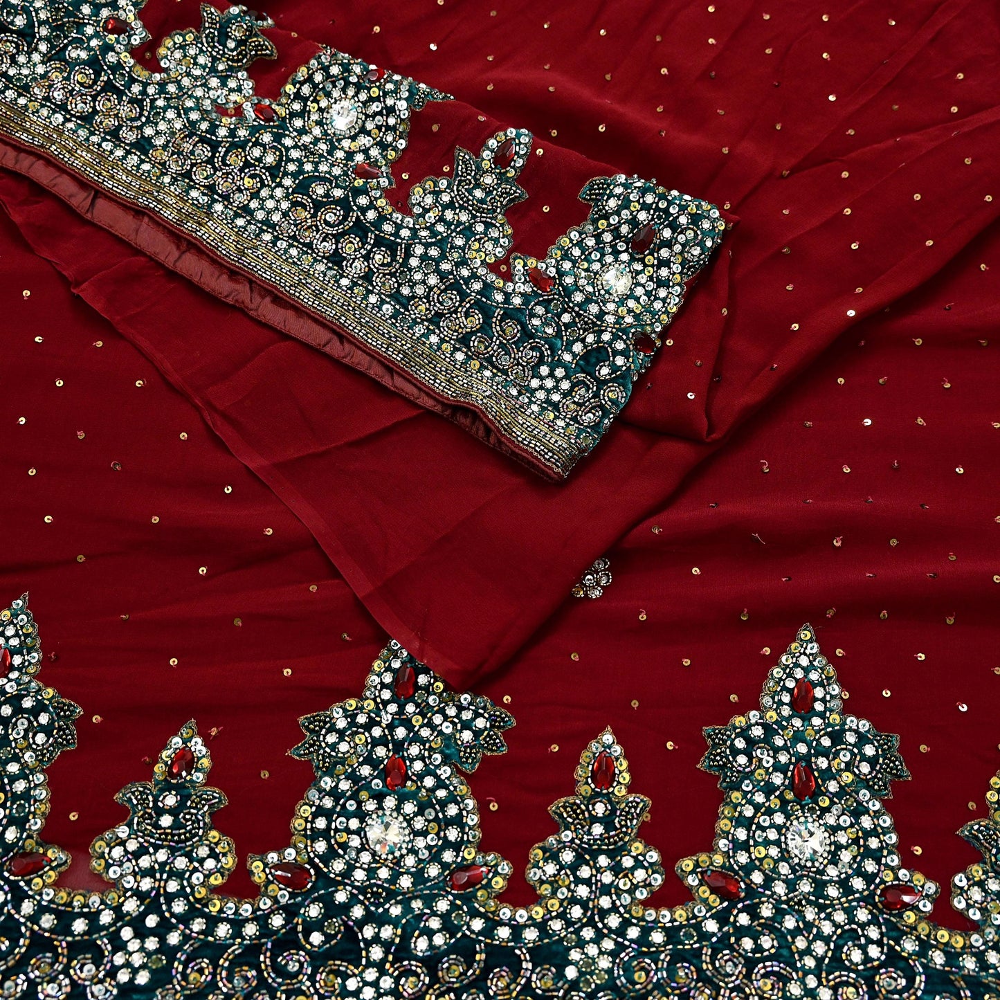 Indian Vintage Sari Maroon Pure Georgette Silk Hand Embroidered Sarees Craft Fabric 6Yd Sewing Soft Ethnic Glass Beaded Wedding Sarees