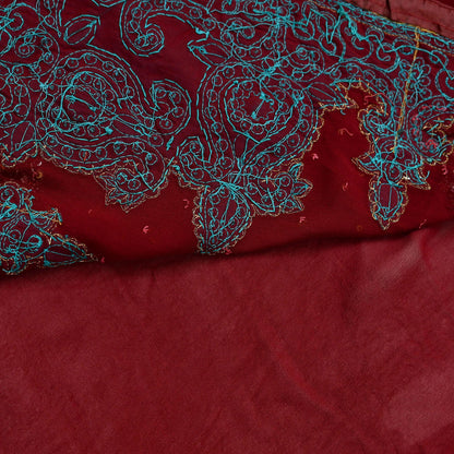 Indian Vintage Sari Maroon Pure Georgette Silk Hand Embroidered Sarees Craft Fabric 6Yd Sewing Soft Ethnic Glass Beaded Wedding Sarees