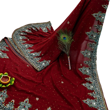 Indian Vintage Sari Maroon Pure Georgette Silk Hand Embroidered Sarees Craft Fabric 6Yd Sewing Soft Ethnic Glass Beaded Wedding Sarees