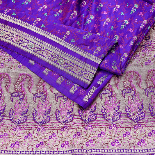 Indian Vintage Sari Purple Heavy Wedding Pure Satin Silk Banarasi Brocade Saree Zari 5Yd Craft Fabric Ethnic Dress making Crafting