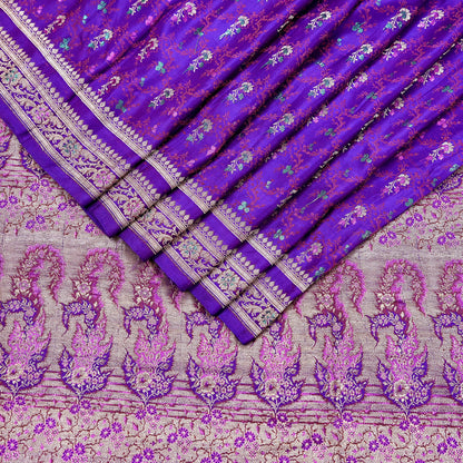 Indian Vintage Sari Purple Heavy Wedding Pure Satin Silk Banarasi Brocade Saree Zari 5Yd Craft Fabric Ethnic Dress making Crafting