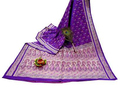 Indian Vintage Sari Purple Heavy Wedding Pure Satin Silk Banarasi Brocade Saree Zari 5Yd Craft Fabric Ethnic Dress making Crafting