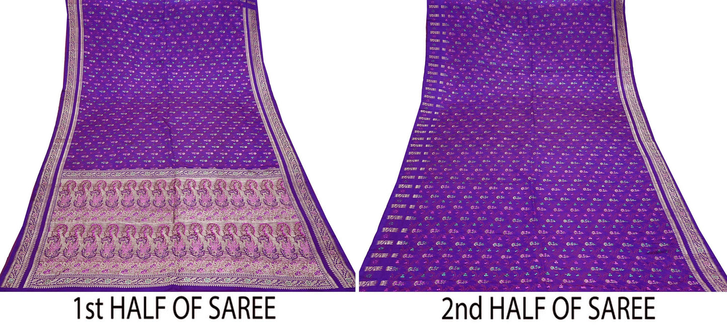 Indian Vintage Sari Purple Heavy Wedding Pure Satin Silk Banarasi Brocade Saree Zari 5Yd Craft Fabric Ethnic Dress making Crafting