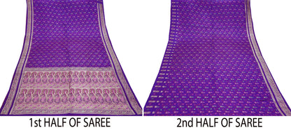 Indian Vintage Sari Purple Heavy Wedding Pure Satin Silk Banarasi Brocade Saree Zari 5Yd Craft Fabric Ethnic Dress making Crafting