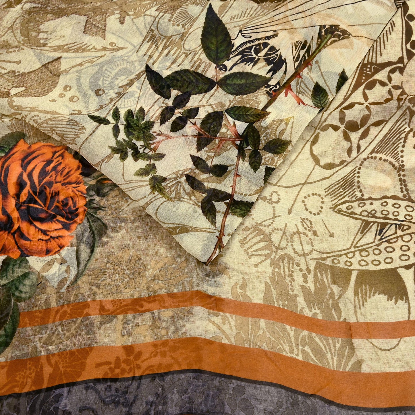 Women Vintage Sari Beige Pure Georgette Silk Digital Printed Saree Craft Fabric Sewing 6Yd Light Dress Making Geometric Crafting Quilting