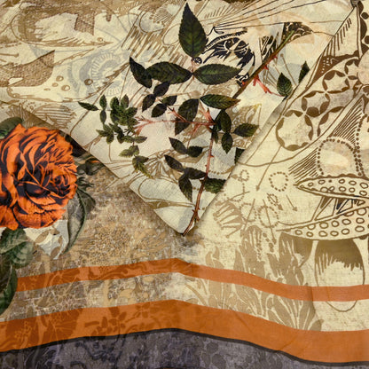 Women Vintage Sari Beige Pure Georgette Silk Digital Printed Saree Craft Fabric Sewing 6Yd Light Dress Making Geometric Crafting Quilting