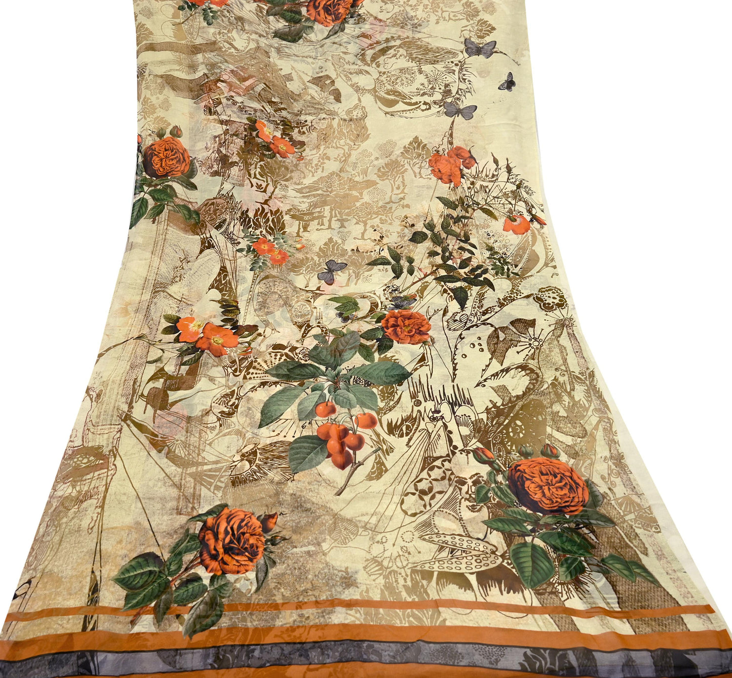 Women Vintage Sari Beige Pure Georgette Silk Digital Printed Saree Craft Fabric Sewing 6Yd Light Dress Making Geometric Crafting Quilting