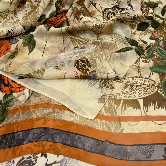 Women Vintage Sari Beige Pure Georgette Silk Digital Printed Saree Craft Fabric Sewing 6Yd Light Dress Making Geometric Crafting Quilting