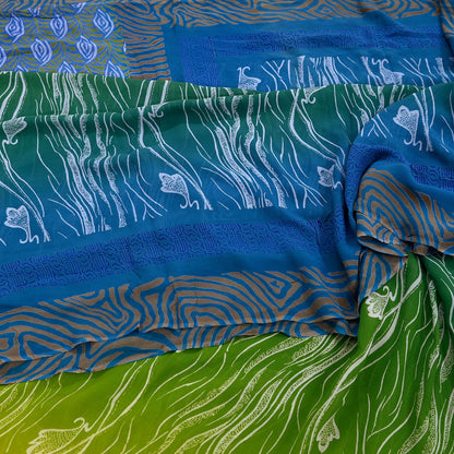 Vintage Sari Blue & Green 100% Pure Georgette Silk Printed Saree Sewing 6yd Craft Soft Dress Designing for Crafting Abstract