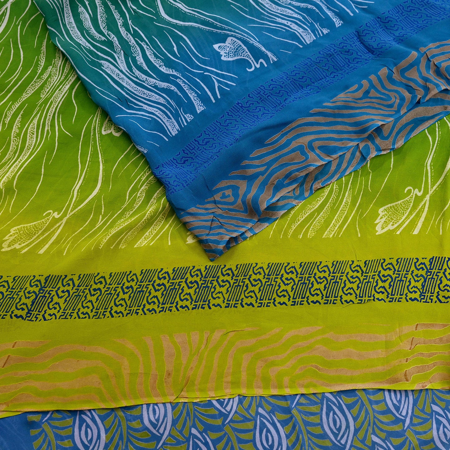 Vintage Sari Blue & Green 100% Pure Georgette Silk Printed Saree Sewing 6yd Craft Soft Dress Designing for Crafting Abstract