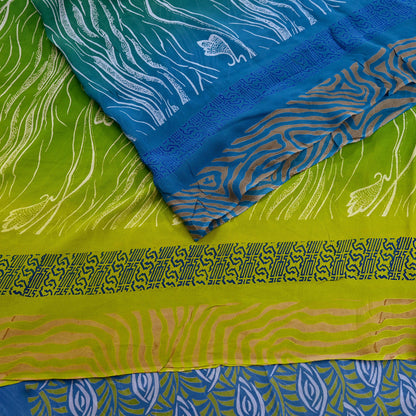 Vintage Sari Blue & Green 100% Pure Georgette Silk Printed Saree Sewing 6yd Craft Soft Dress Designing for Crafting Abstract