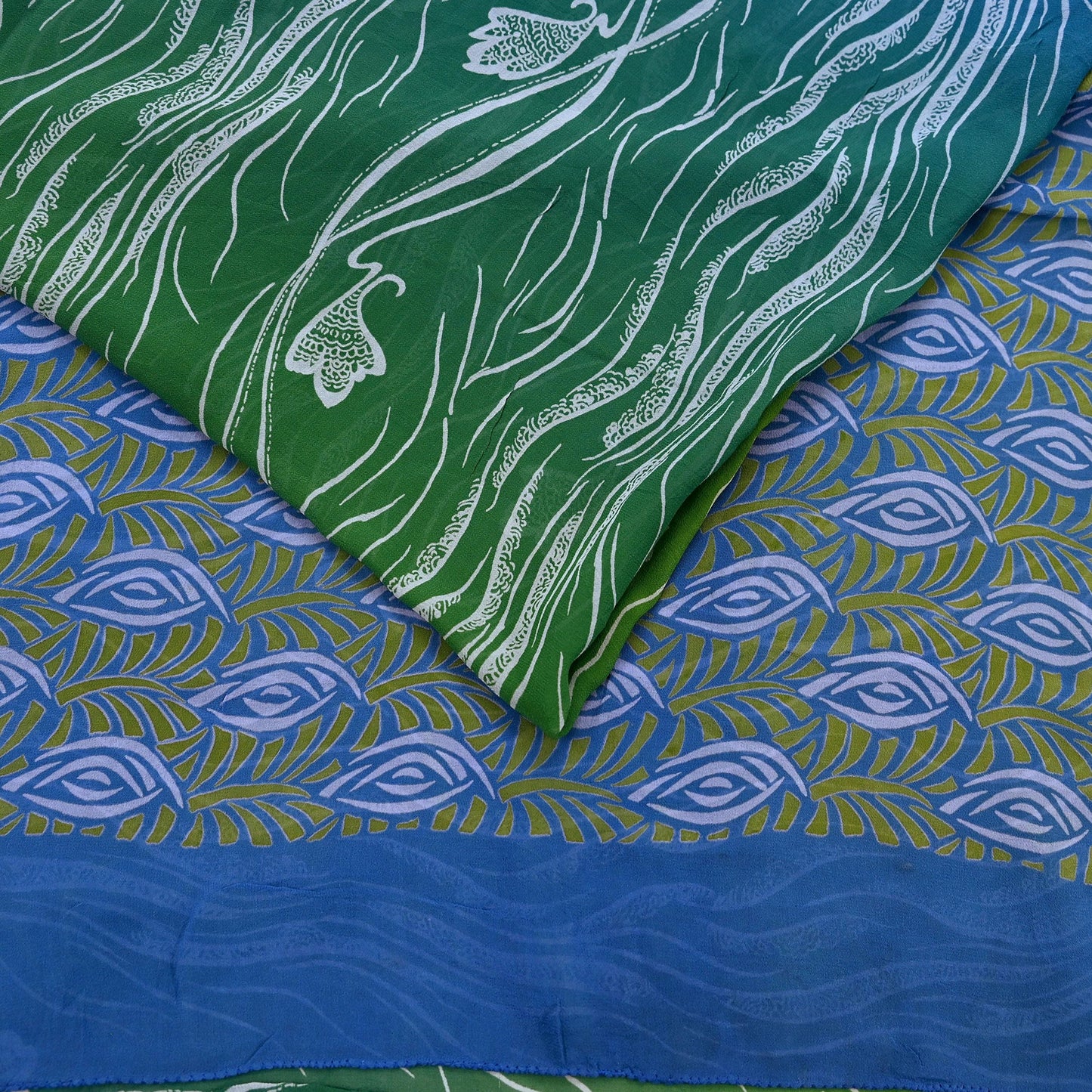 Vintage Sari Blue & Green 100% Pure Georgette Silk Printed Saree Sewing 6yd Craft Soft Dress Designing for Crafting Abstract