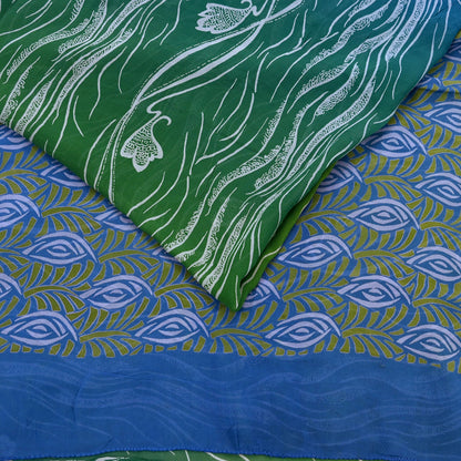 Vintage Sari Blue & Green 100% Pure Georgette Silk Printed Saree Sewing 6yd Craft Soft Dress Designing for Crafting Abstract