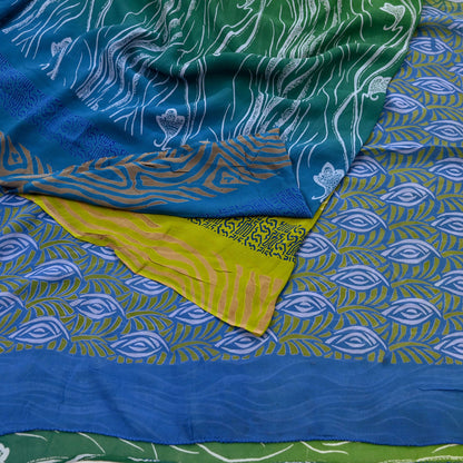 Vintage Sari Blue & Green 100% Pure Georgette Silk Printed Saree Sewing 6yd Craft Soft Dress Designing for Crafting Abstract